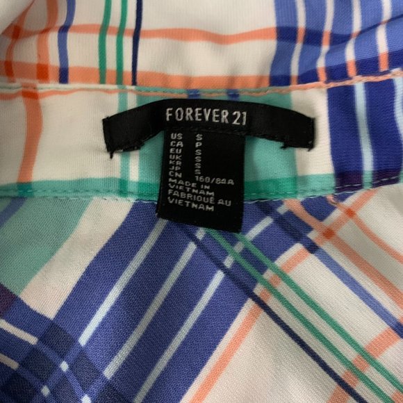 Forever 21 Sleeveless Button Up Shirt S White Blue Plaid Collar - Picture 6 of 6